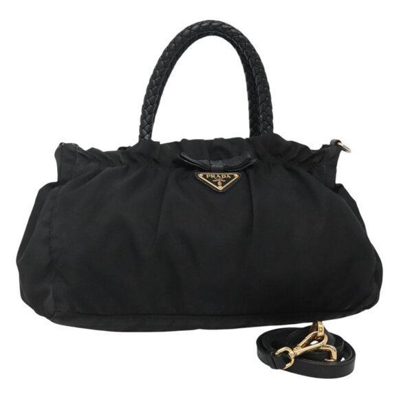 PRADA ribbon Hand Bag Nylon Leather 2way Black Gold Auth ki5666 - Picture 1 of 16